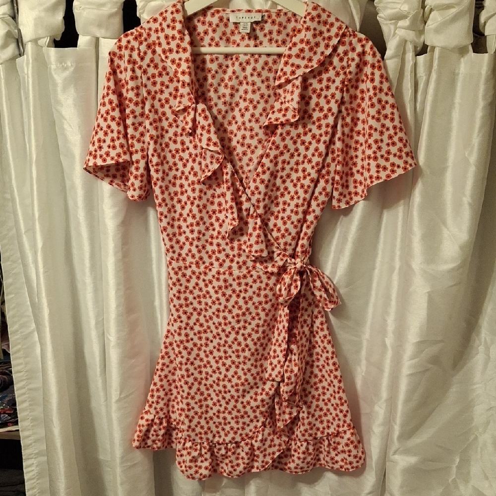 Topshop Red and White Floral Wrap Mini Dress 10